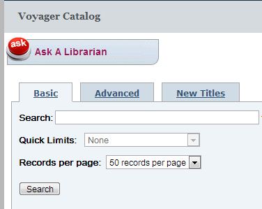 Screen shot of the library catalog home page